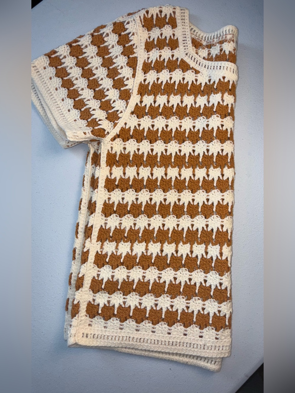 World Market Crochet Knit Short Sleeve Top Size S/M Brown Cream Boho - Picture 2 of 7